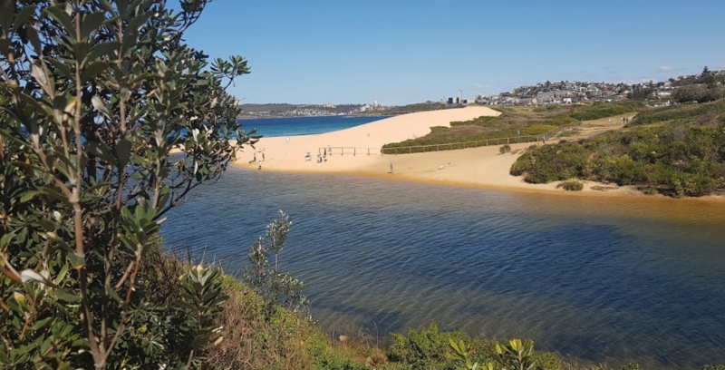 Scenic view of Curl Curl Lagoon with calm water, golden sand dunes, and ocean in the background, framed by lush green vegetation.