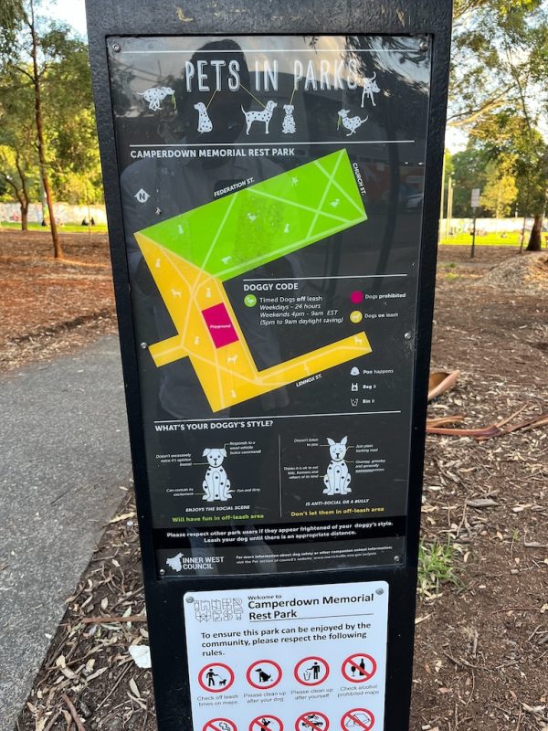 Pets in Parks sign showing the dog off-leash areas and rules at Camperdown Memorial Rest Park in Newtown Sydney.
