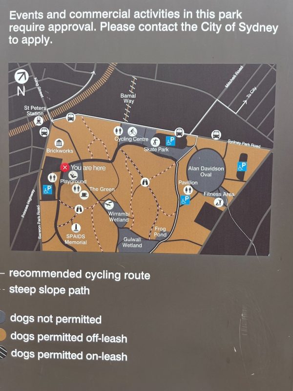 Map sign showing off-leash and on-leash dog areas at Sydney Park in Alexandria, City of Sydney.